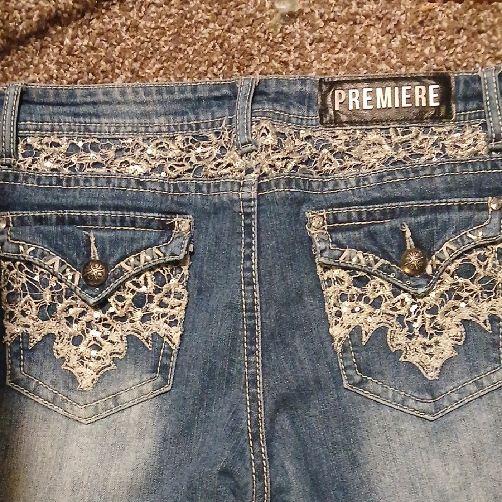 Premier Blue Distressed Denim Jeans with Embroidered Details